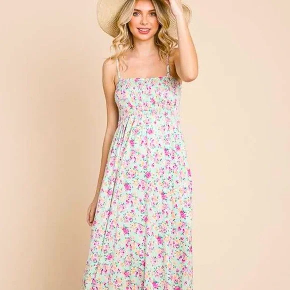 Culture Code Dresses | Sage Floral Smocked Top Empire Waistline Maxi Dress | Color: Green/Pink | Size: L | Yorkypyne's Closet Culture Code Dresses | Sage Floral Smocked Top Empire Waistline Maxi Dress | Color: Green/Pink | Size: L | Yorkypyne's Closet